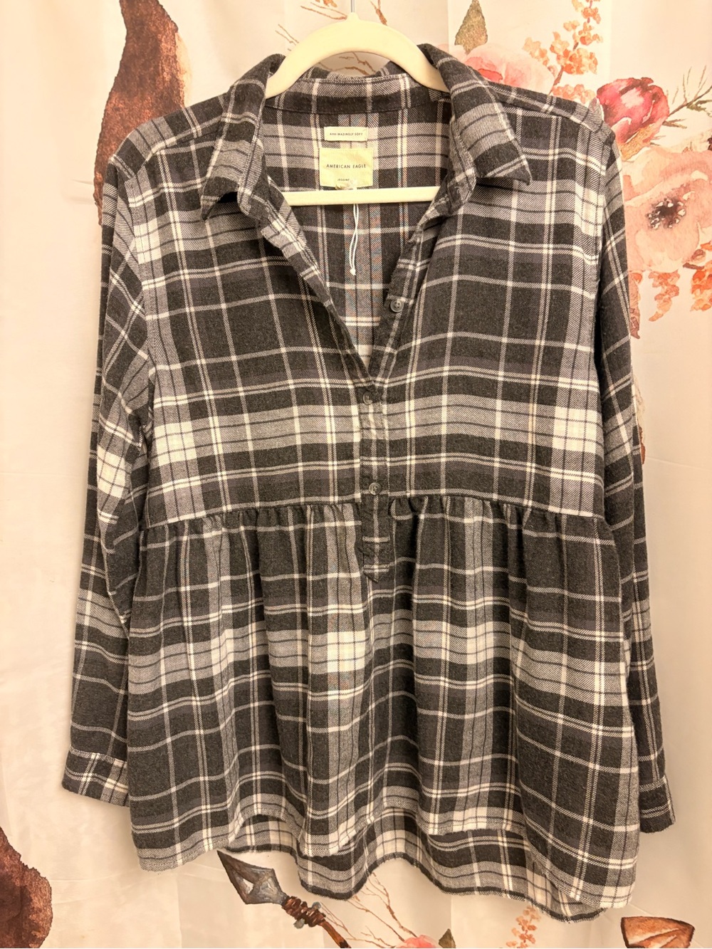 Medium American Eagle Outfitters Plaid Button-Front Peplum Tunic